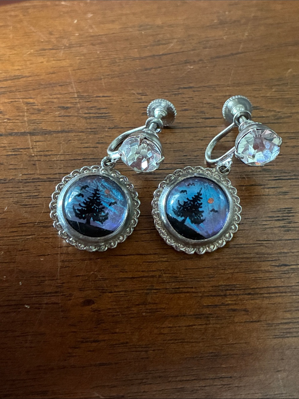 Silver-Tone Blue Iridescent Halloween Dangle Clip-On / Screw-Back Earrings